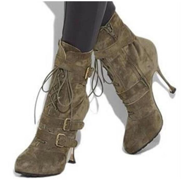 Brian Atwood All Leather Niki Platform Boots Green Military Ankle 38 - Picture 4 of 16